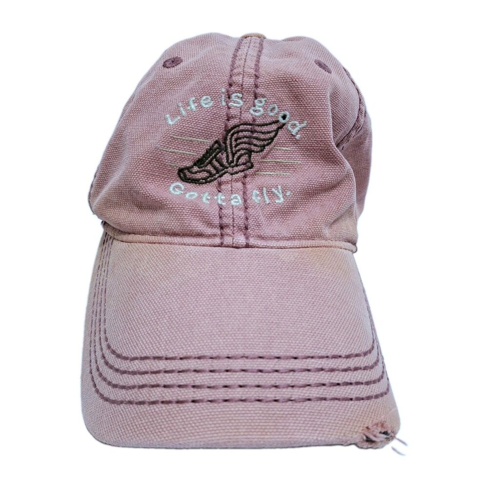 Life Is Good Gotta Fly Winged Foot Jat Cap Distressed Pink Strapback Run Gym